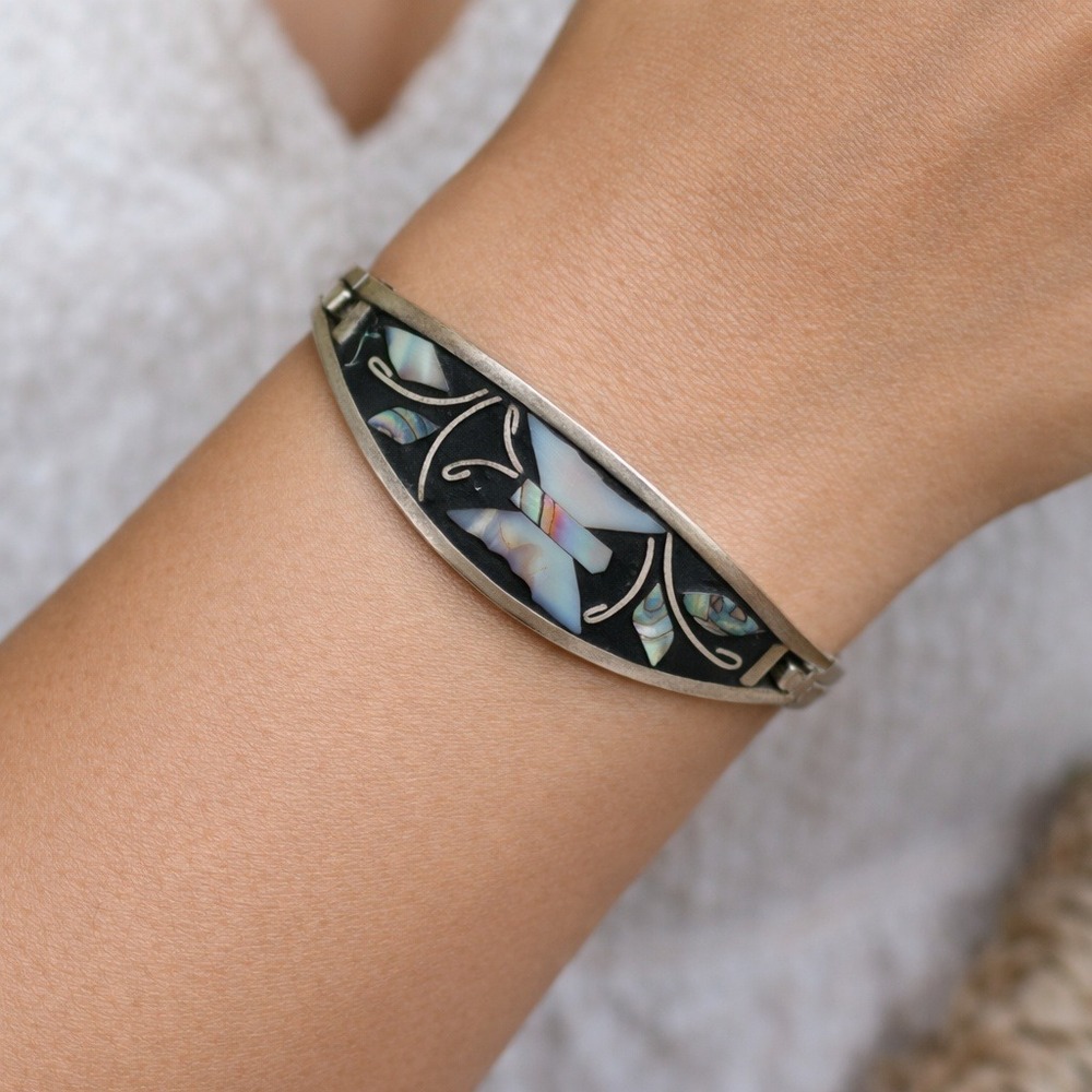 Vintage Alpaca Mexico Abalone Inlay Hinged Bangle Bracelet Black Enamel Geo Boho